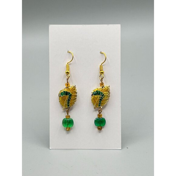Vintage Enamel Caterpillar on Golden Leaf Dangle Earrings with Bead Accents - Picture 2 of 7